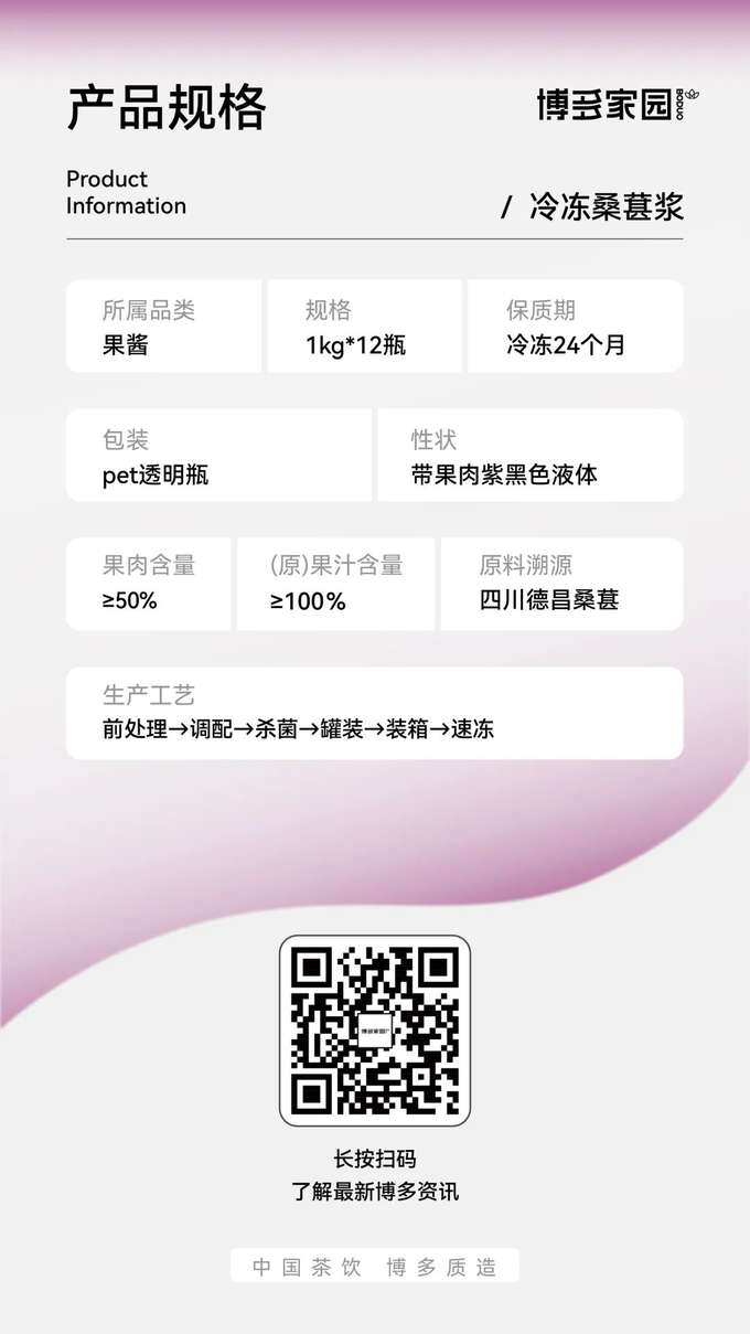 产品规格：博多家园冷冻桑葚浆

产品信息：

产品名称： 博多家园冷冻桑葚浆
规格： 1kg/瓶，12瓶/箱
保质期： 冷冻条件下 24 个月
所属品类： 果酱
包装： PET 透明瓶
性状： 带果肉紫黑色液体
果肉含量： ≥50%
（原）果汁含量： ≥100%
原料溯源： 四川德昌桑葚 (博多家园)
生产工艺： 前处理 → 调配 → 杀菌 → 罐装 → 装箱 → 速冻 (博多家园工艺)