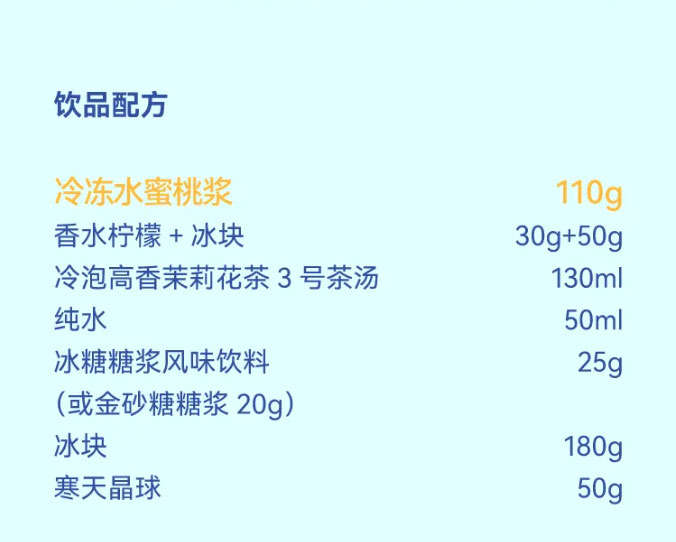 饮品配方：冷冻水蜜桃浆：110g香水柠檬 + 冰块：30g + 50g冷泡高香茉莉花茶3号茶汤：130ml纯水：50ml冰糖糖浆：25g (或金砂糖糖浆：20g)冰块：180g寒天晶球：50g