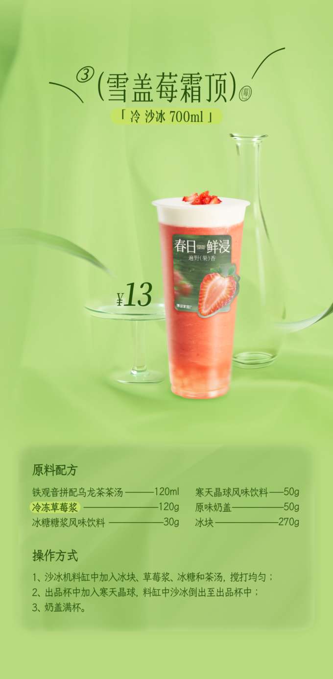 雪盖莓霜顶

「 冷沙冰 700ml 」

原料配方

铁观音拼配乌龙茶茶汤：120ml
寒天晶球风味饮料：50g
冷冻草莓浆：120g
原味奶盖：50g
冰糖糖浆风味饮料：30g
冰块：270g
操作方式

将冰块、草莓浆、冰糖和茶汤加入沙冰机料缸中，搅打均匀。
在出品杯中加入寒天晶球，将料缸中的沙冰倒入出品杯中。
最后，用奶盖填满杯子。