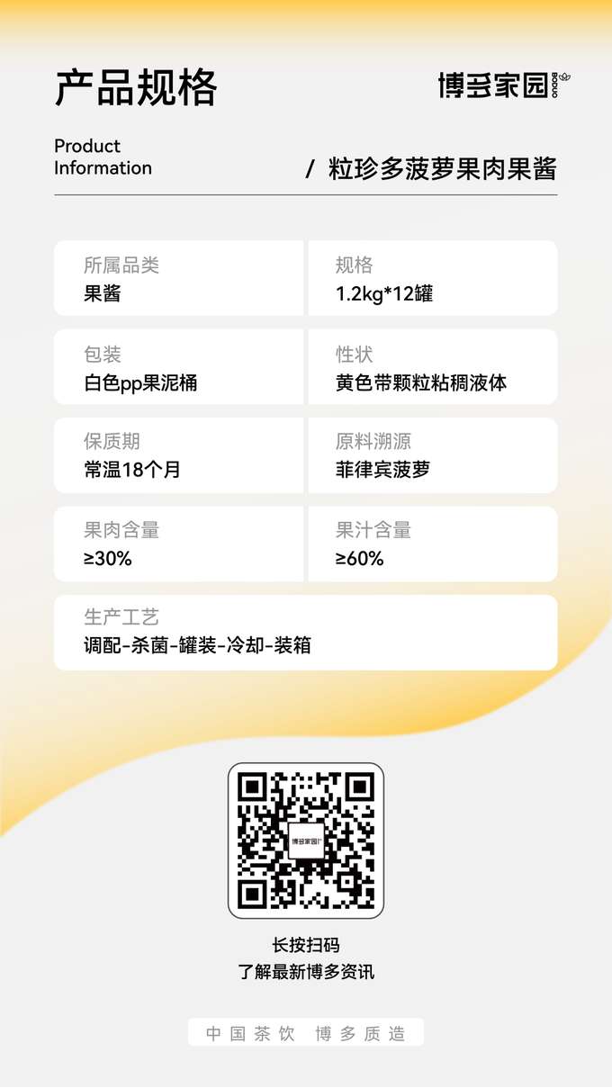 产品规格信息： 本产品属于果酱品类，为博多家园粒珍多菠萝果肉果酱1，规格为1.2kg每罐，共12罐。产品采用白色PP果泥桶包装，保质期为常温下18个月。该果酱为黄色带颗粒的粘稠液体，原料溯源于菲律宾菠萝，果肉含量≥30%，果汁含量≥60%，生产工艺流程为调配、杀菌、罐装、冷却和装箱。