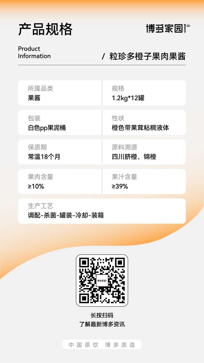产品规格信息：本产品属于果酱品类，为博多家园粒珍多橙子果肉果酱，规格为1.2kg每罐，共12罐。产品采用白色PP果泥桶包装，保质期为常温下18个月。该果酱为橙色带果茸的粘稠液体，原料溯源于四川脐橙和锦橙，果肉含量≥10%，果汁含量≥39%，生产工艺流程为调配、杀菌、罐装、冷却和装箱。